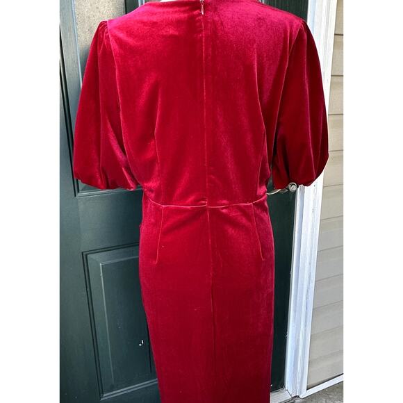 DKNY Red Velvet Surplice Neckline Puff Sleeves Dress Sz 12 Holiday Event Party - Picture 4 of 7